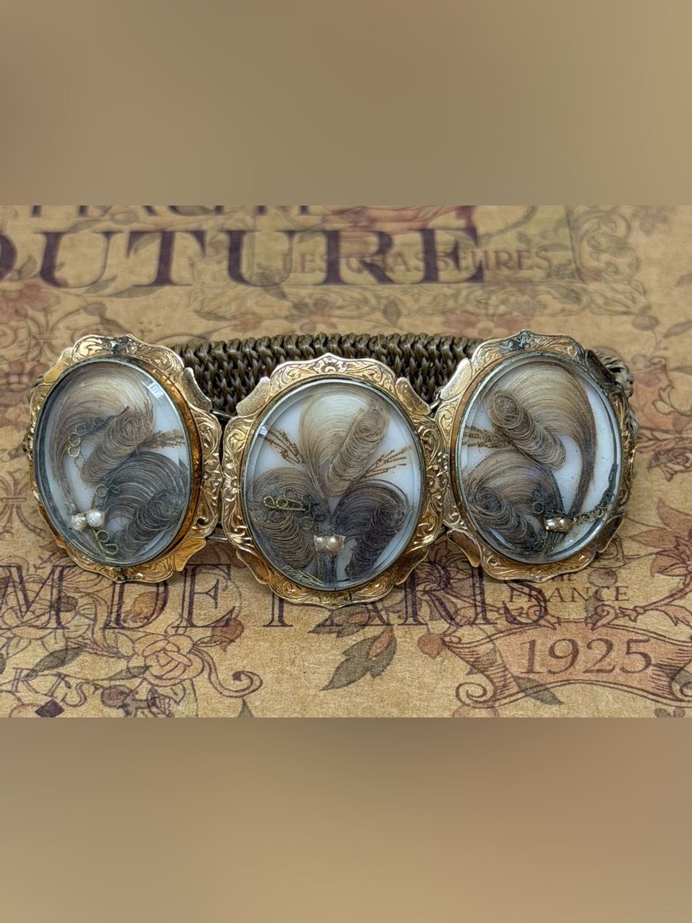 10K Gold Victorian Mourning Bracelet with Hair Band and 3 Hair Filled Lockets - Picture 13 of 15